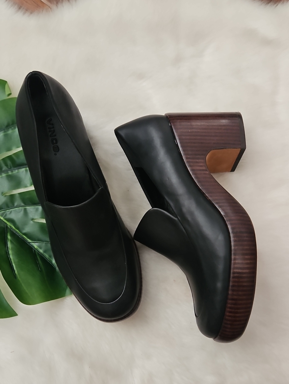 Vince Black Leather Block-Heel Slip-On Loafers